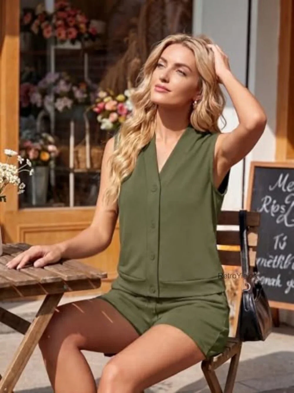 Women's Sleeveless Two Piece Short Set with Button Vest